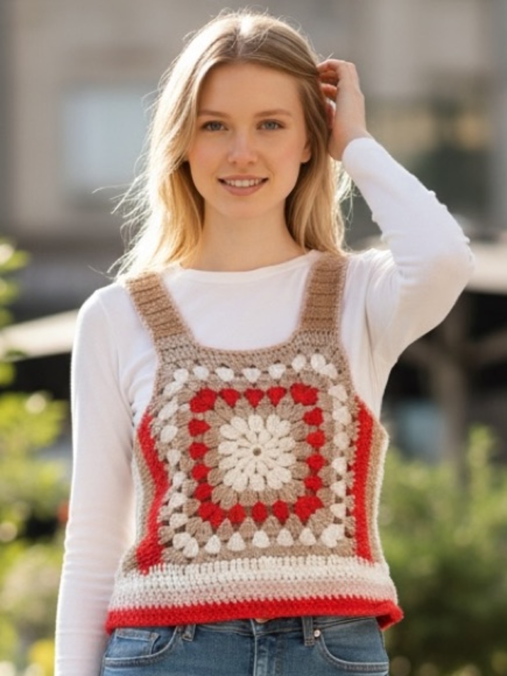 Crochet Square-Front Tank Top in Cream, Beige & Red